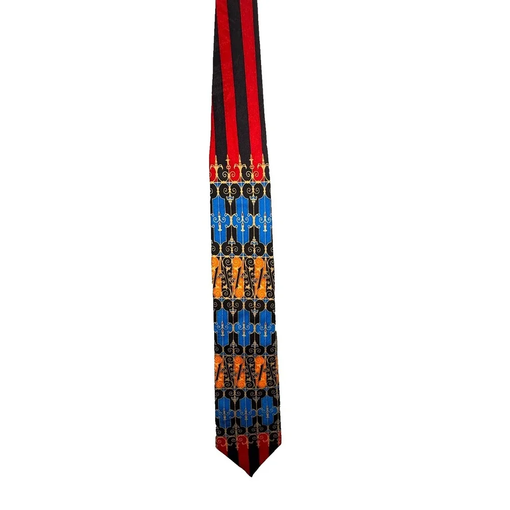 VTG Rush Limbaugh Tie‎ Gold Red Black Blue Silk USA Made 90s Gothic Scroll